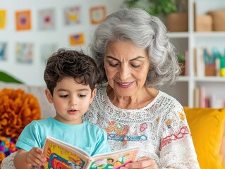 Hispanic grandmother teaching a child to read in Spanish, surrounded by cultural symbols, emphasizing the importance of language in preserving heritage, warm home setting