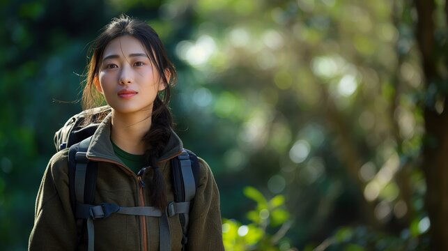 A woman with a serene expression in an outdoor setting surrounded by greenery, portraying a sense of peace and connection with nature.