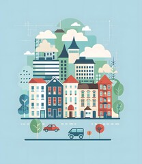 Flat Design Cityscape Illustration With Buildings and Cars