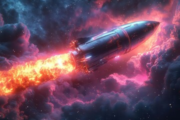 Obraz premium futuristic spacecraft launch sleek design with plasma engines igniting leaving trail of iridescent energy against starry cosmic backdrop