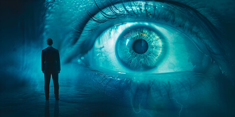 eye in the keyhole, person is standing in front of an big eye, big eye with blur back ground , wallpaper for graphic designer 