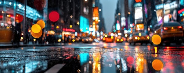 Obraz premium A vibrant city street scene featuring colorful lights and reflections on wet pavement, capturing the energy of urban nightlife.