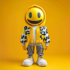 art toy character with yellow Smile on face created by SuperPlastic. Antropomorphic. Fashion and stylish man standing. Dressed in hypebeast clothing, oversized,generative ai