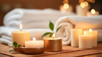 Burning candles creating relaxing atmosphere for spa treatment with towels on massage table