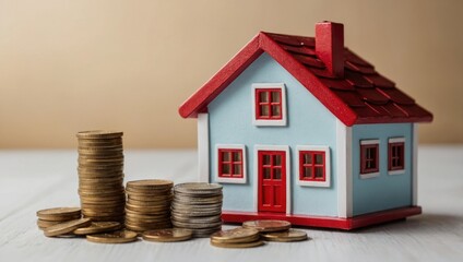 A view of a toy house and a toy car against a light background, with coins lying next to them.