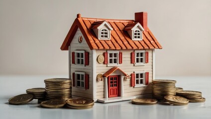 A view of a toy house and a toy car against a light background, with coins lying next to them.