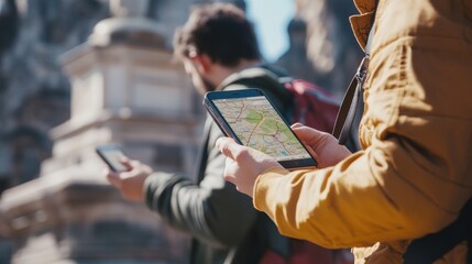 A man uses a smartphone with a map app while exploring the city.