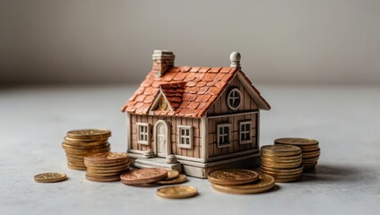 A view of a toy house and a toy car against a light background, with coins lying next to them.