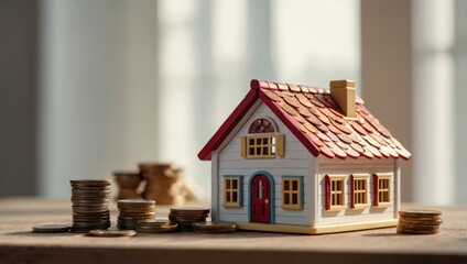 A view of a toy house and a toy car against a light background, with coins lying next to them.