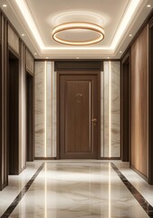 Modern Interior Design Hallway With Wooden Doors And Marble Floor