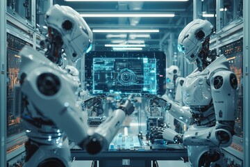 Fototapeta premium In a futuristic factory, humans and AI collaborate to manufacture next-generation technology. Robotic arms work in sync with human engineers, constructing complex machines while holographic