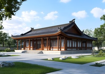 Obraz premium Traditional Chinese Style Architecture with Curved Roof and Wooden Beams
