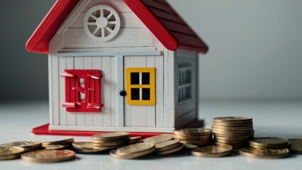 A view of a toy house and a toy car against a light background, with coins lying next to them.