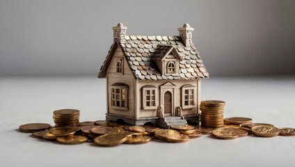 A view of a toy house and a toy car against a light background, with coins lying next to them.