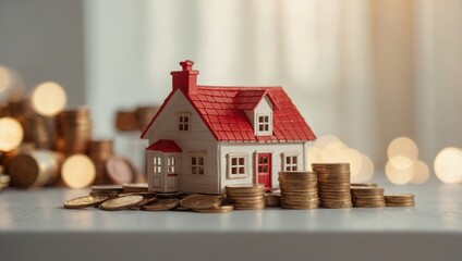 A view of a toy house and a toy car against a light background, with coins lying next to them.
