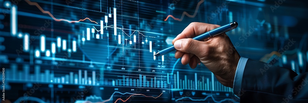 Aufkleber a hand points at a stock market chart on a screen with a pen. the chart shows lines and bars showing