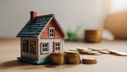 A view of a toy house and a toy car against a light background, with coins lying next to them.