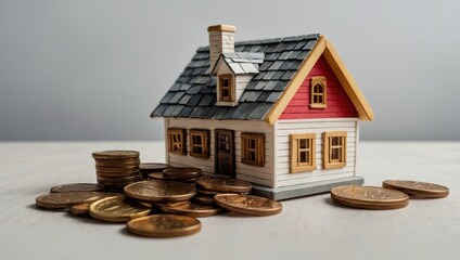 A view of a toy house and a toy car against a light background, with coins lying next to them.