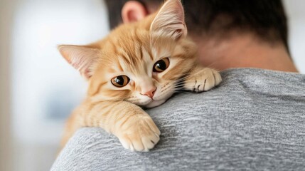 A man enjoys a quiet moment with a ginger cat resting on his shoulder against a clean white background