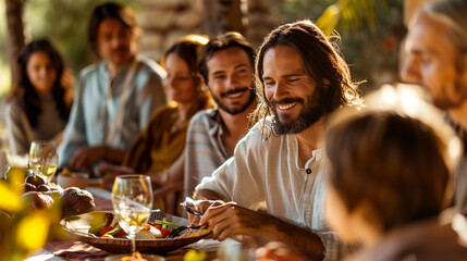 Close-up of Jesus sitting with a family, sharing a meal together, everyone engaged in cheerful conversation