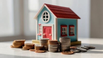 A view of a toy house and a toy car against a light background, with coins lying next to them.