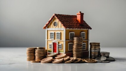 A view of a toy house and a toy car against a light background, with coins lying next to them.
