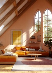 Modern Living Room Interior Design With Orange Sofa And Wooden Beams