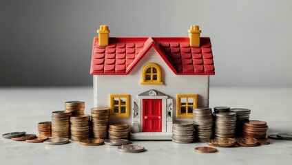 A view of a toy house and a toy car against a light background, with coins lying next to them.