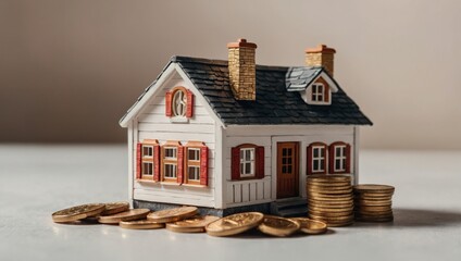 A view of a toy house and a toy car against a light background, with coins lying next to them.
