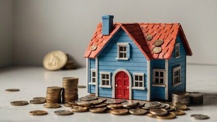 A view of a toy house and a toy car against a light background, with coins lying next to them.