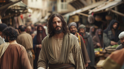 Fototapeta premium Close-up of Jesus walking through a marketplace, people pausing from their activities to greet him warmly