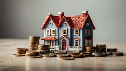 A view of a toy house and a toy car against a light background, with coins lying next to them.