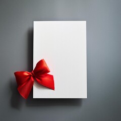 Blank white gift card with red ribbon bow isolated on grey background with shadow minimal design