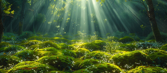 Sunbeams piercing through a lush green forest, illuminating the vibrant moss covering the ground and trees, creating a magical atmosphere.