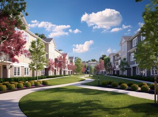Fototapeta premium Residential Building Complex with Sidewalk and Green Grass