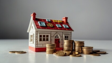 A view of a toy house and a toy car against a light background, with coins lying next to them.