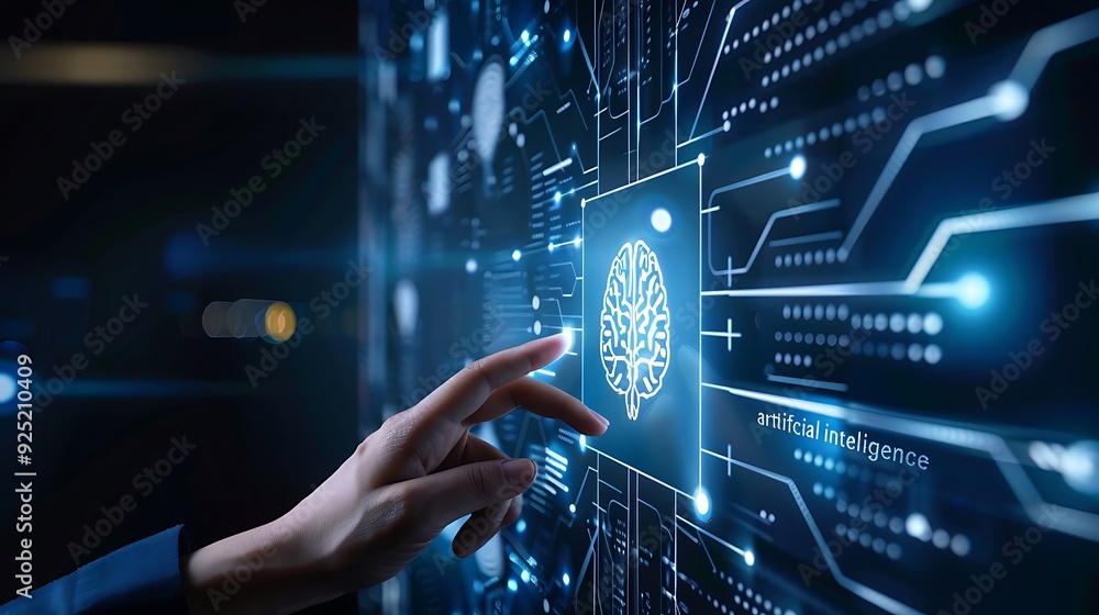 Poster a hand reaches out to touch a digital brain icon on a screen with the text 'artificial intelligence'