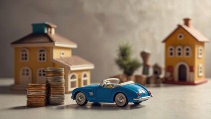 A view of a toy house and a toy car against a light background, with coins lying next to them.