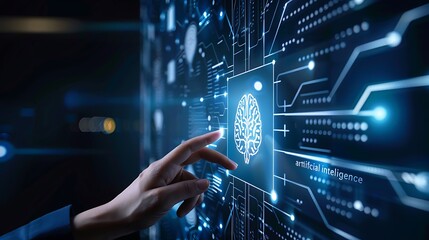 A hand reaches out to touch a digital brain icon on a screen with the text 'artificial intelligence'.