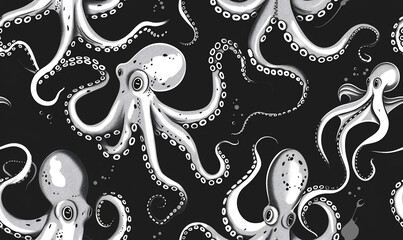 octopus and squid pattern black and white vector style