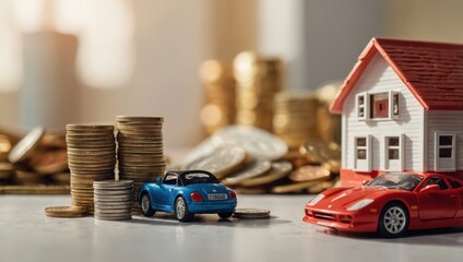 A view of a toy house and a toy car against a light background, with coins lying next to them.