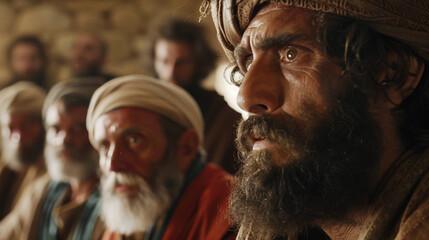 Obraz premium Close-up of Jesus teaching a group of elders, their faces reflecting respect and curiosity as they listen to him