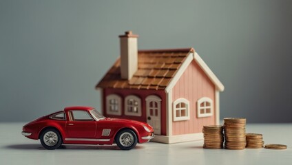 A view of a toy house and a toy car against a light background, with coins lying next to them.