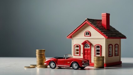 A view of a toy house and a toy car against a light background, with coins lying next to them.