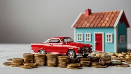 A view of a toy house and a toy car against a light background, with coins lying next to them.