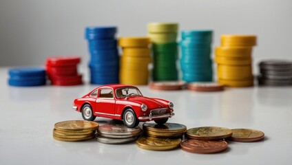 A view of a toy house and a toy car against a light background, with coins lying next to them.