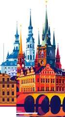 Fototapeta premium Colorful Illustration of Prague Cityscape with Tall Towers and Buildings
