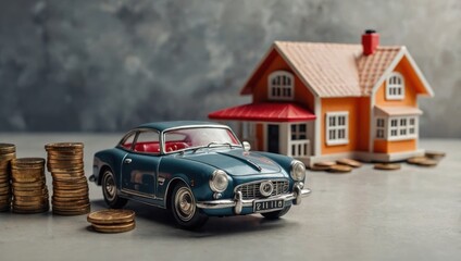 A view of a toy house and a toy car against a light background, with coins lying next to them.