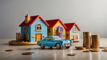 A view of a toy house and a toy car against a light background, with coins lying next to them.