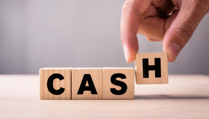 A hand is holding up a block of wood with the letters " CASH " written on it